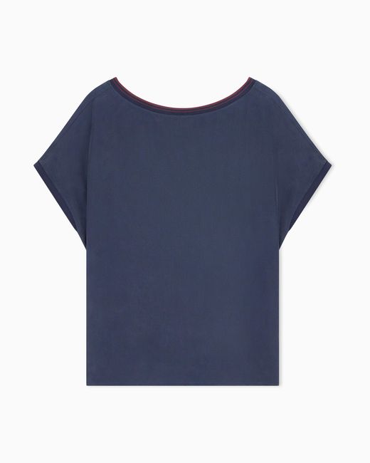 Giorgio Armani Blue Blouse Regular Fit Heavy Washed Silk Ribbed Crew Neck