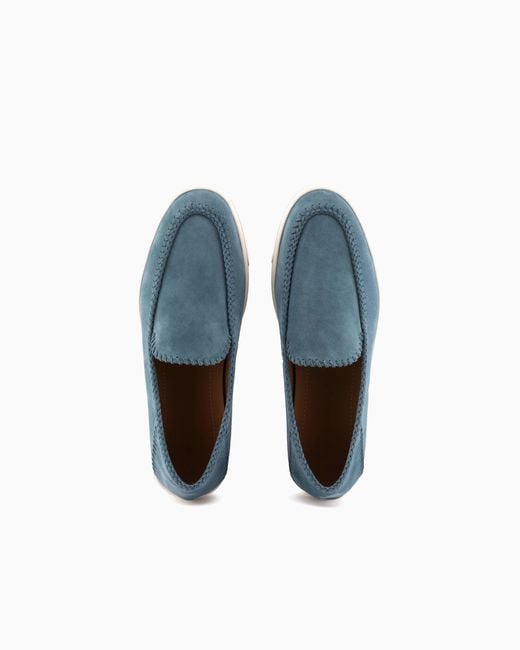 Giorgio Armani Blue Suede Slip On With Threading And Rubber Sole for men