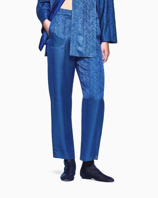 Giorgio Armani Blue Viscose Trousers With Chevron Jacquard