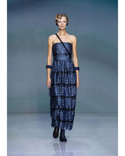 Giorgio Armani Blue Long Bustier Dress In A Viscose Blend With Fringe-effect Embroidery