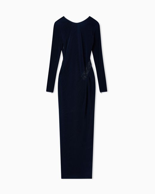 Giorgio Armani Blue Pleated Jersey Dress With Crystal Embroidery