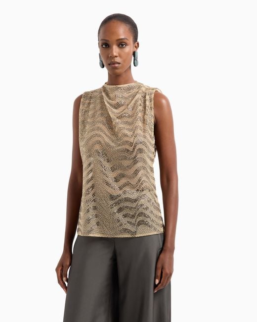 Giorgio Armani Natural Mesh And Lurex Top With Rhinestone Embroidery