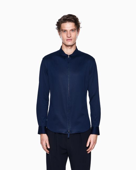 Giorgio Armani Blue Zip-Up Cotton Jersey Shirt With Snap-Button Cuffs for men