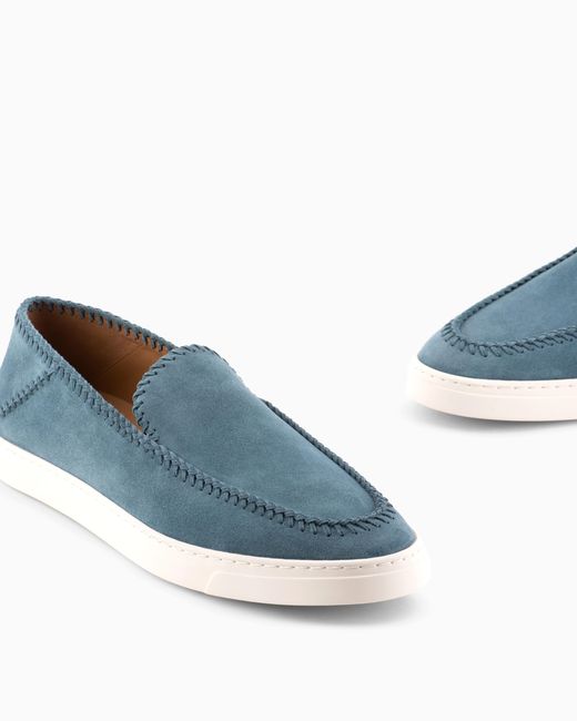 Giorgio Armani Blue Suede Slip On With Threading And Rubber Sole for men
