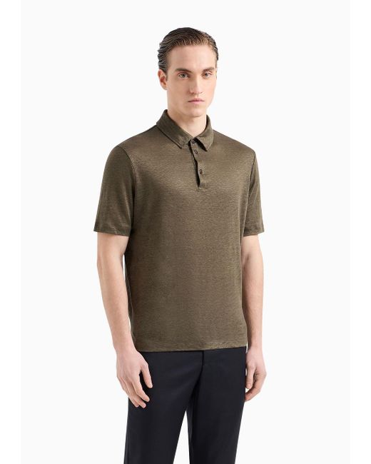 Giorgio Armani Green Short-sleeved Polo Shirt In Pure Linen Jersey for men