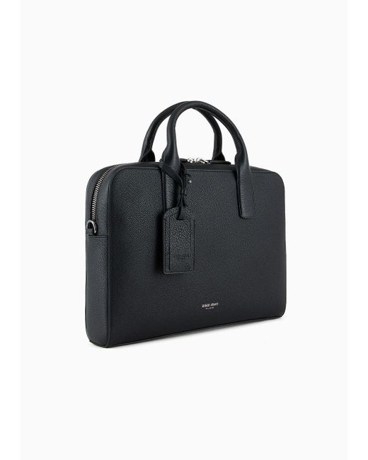 Giorgio Armani Black Pebbled Leather Briefcase for men