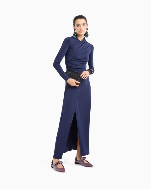 Vestido Largo De Punto Elástico De Viscosa Con Strass Giorgio Armani de color Blue