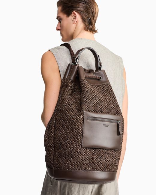 Giorgio Armani Black Raffia And Leather Backpack for men