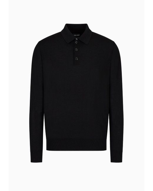 Giorgio Armani Black Long-sleeved Polo Shirt In Virgin Wool for men