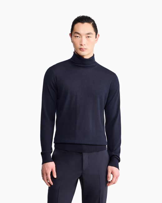 Giorgio Armani Blue Sweater Regular Fit Plain Knit Cashmere for men