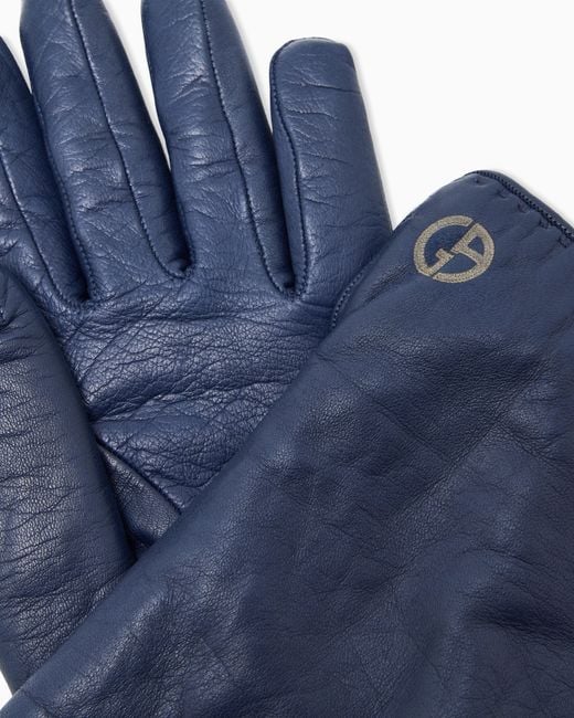 Giorgio Armani Blue Nappa Leather Gloves With Cashmere Lining