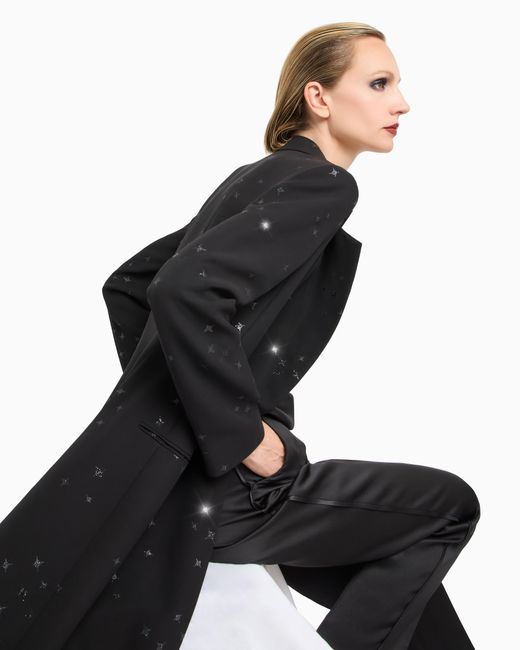 Giorgio Armani Black Silk Cady Long Coat With Glitter Motif