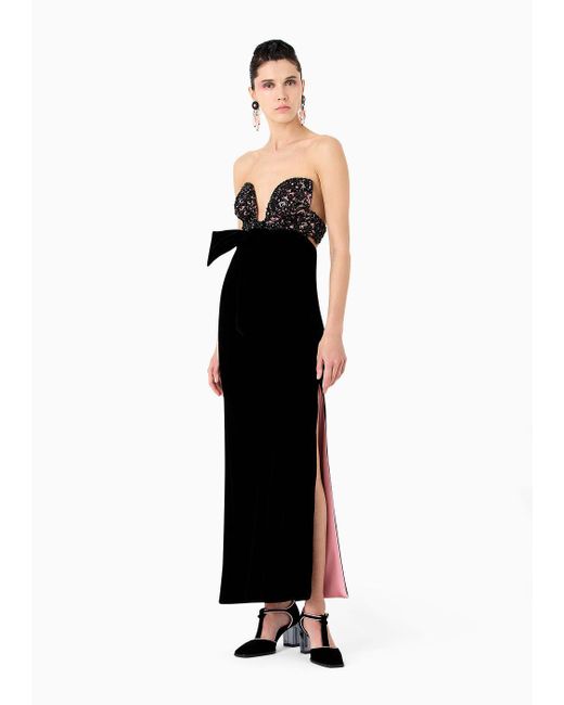 Giorgio Armani Black Long Velvet Bustier Dress With Embroidery