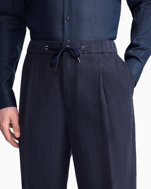 Giorgio Armani Blue Linen Trousers With A Single Pleat And Drawstring for men