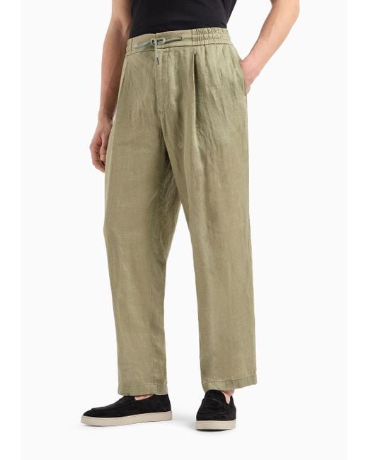 Giorgio Armani Green Single-pleat, Linen-canvas Trousers for men