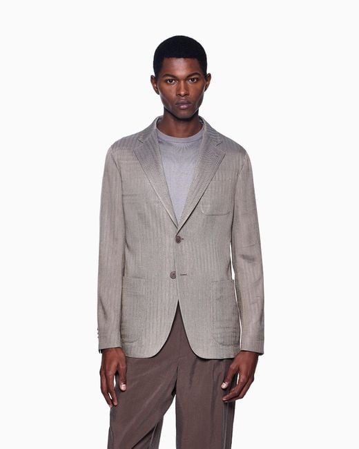 Giorgio Armani Einreihiges Sakko Der Upton-Linie Aus Viskose, Seide Und Leinen Mit Fischgrat-Muster in Gray für Herren