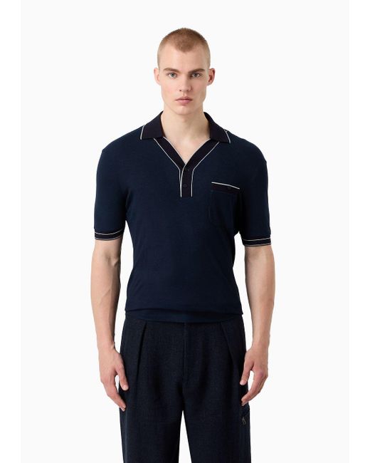 Giorgio Armani Blue Short-sleeved Ribbed Polo Shirt In Viscose And Wool for men