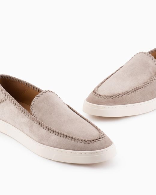 Giorgio Armani White Suede Slip On With Threading And Rubber Sole for men
