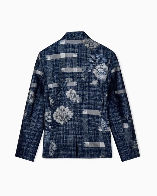 Giorgio Armani Blue Floral Jacquard Blazer With A Guru Collar And Tassel Button