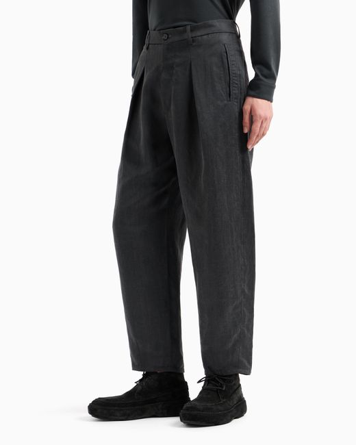 Pantalones Con Una Pinza De Tela De Lyocell Y Lino Con Efecto Desteñido Giorgio Armani de hombre de color Gray
