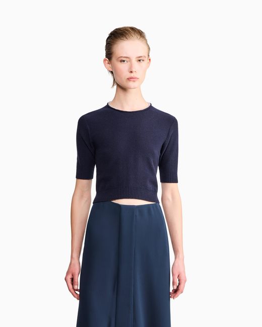 Giorgio Armani Blue Sweater Cashmere Microcrystals Trim Short-Sleeve
