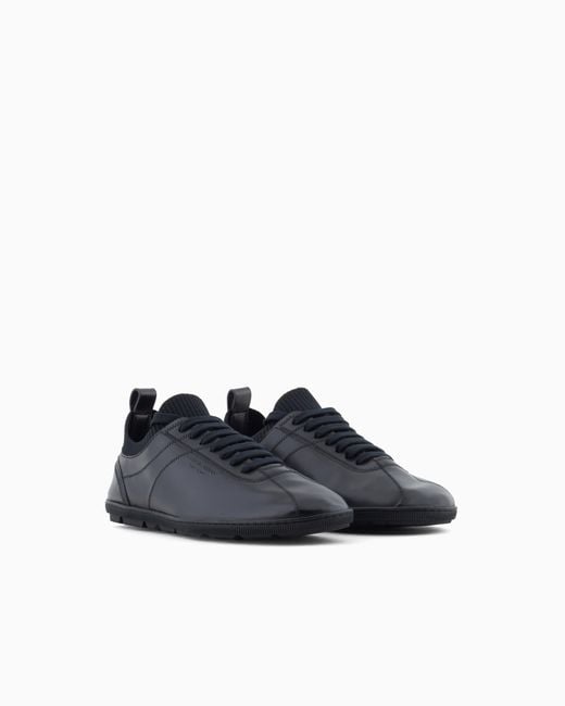 Giorgio Armani Blue Leather Sneaker With Knit Detail And Foldable Upper for men