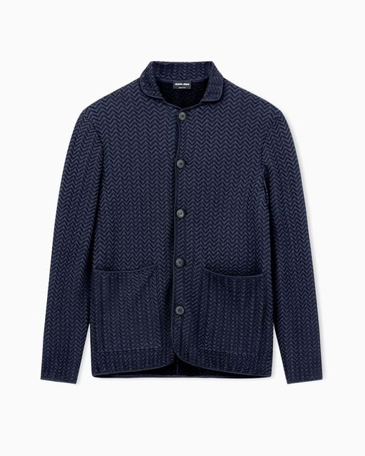 Giorgio Armani Blue Viscose-Blend Chevron Ottoman Single-Breasted Jacket for men