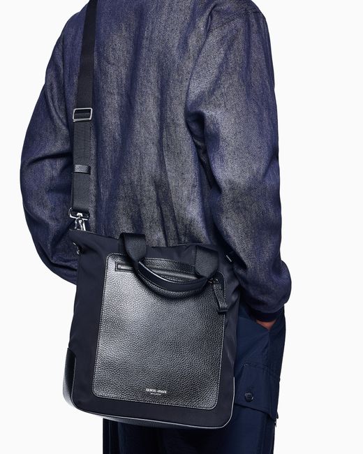 Bolso Shopper Pequeño De Nailon Reciclado Y Cuero Plena Flor Giorgio Armani de hombre de color Black