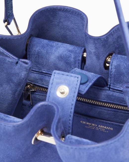 Giorgio Armani Blue Suede Bag With A Metal Bar And Leather Handles