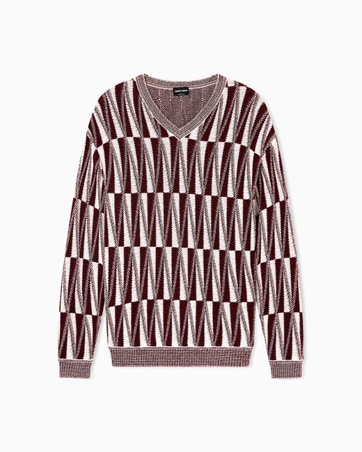 Giorgio Armani Red Geometric V-Neck Cashmere-Blend Sweater for men