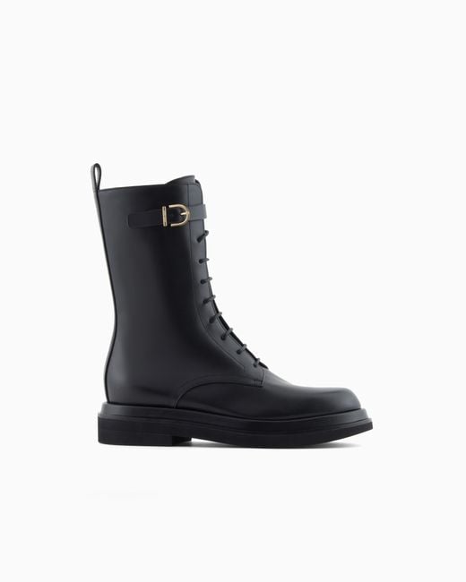 Giorgio Armani Black Smooth Leather Combat Boots
