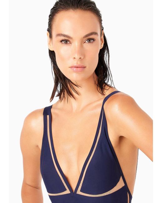 Giorgio Armani Blue One-piece Swimsuit With Tulle Details