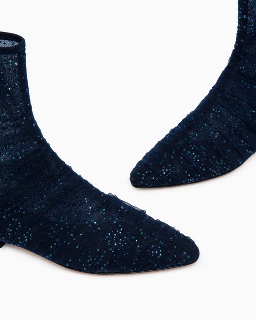 Giorgio Armani Blue Ankle Boots With Tulle And Rhinestones