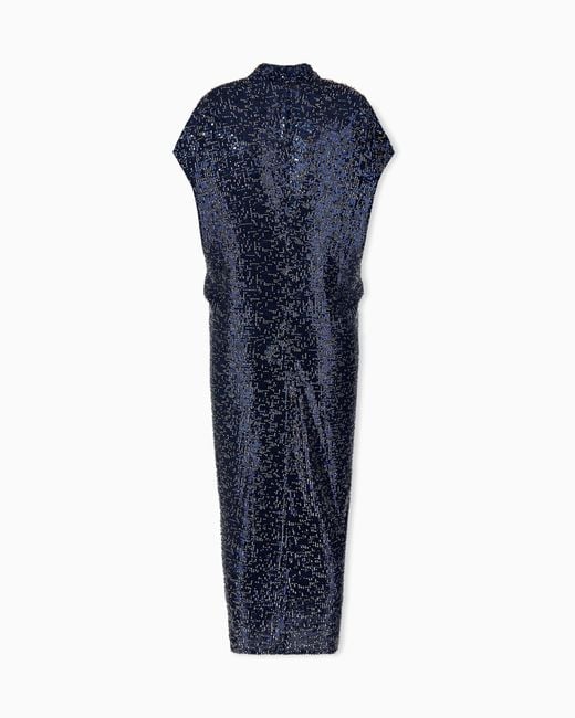 Giorgio Armani Blue Embroidered Dress With Dropped Shoulders And Sequin Beads