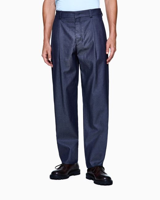 Pantalones Con Una Pinza, En Algodón Y Seda Con Efecto Denim Giorgio Armani de hombre de color Blue