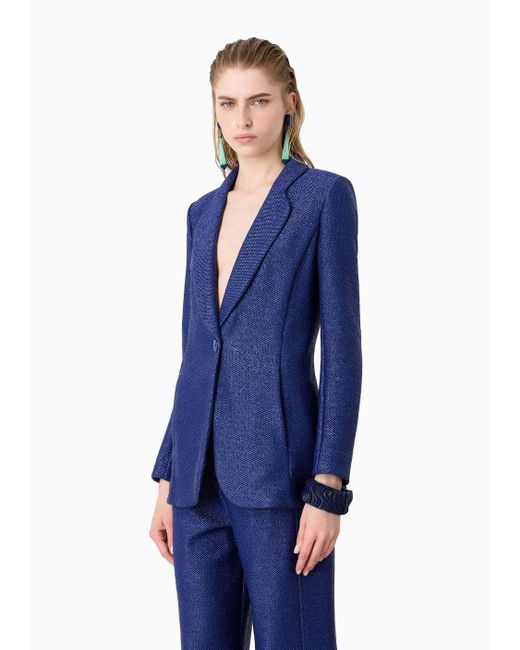 Giorgio Armani Blue Single-breasted Jacket In A Raffia-effect Jacquard Cotton-blend Jersey