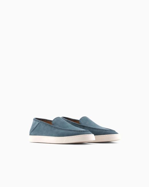 Giorgio Armani Blue Suede Slip On With Threading And Rubber Sole for men