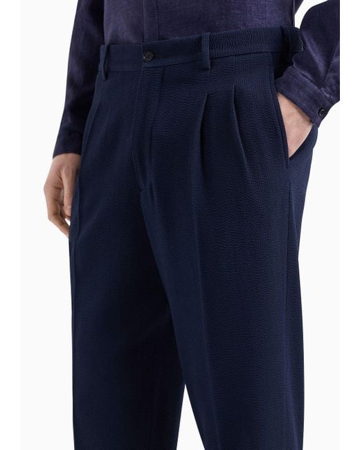 Giorgio Armani Blue Asv Two-dart Trousers In Seersucker Virgin Wool for men