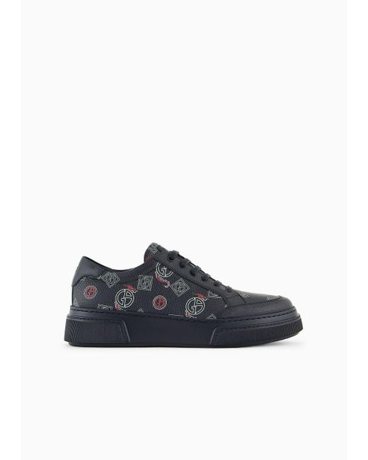 Giorgio Armani Blue Leather Sneakers With All-over Logo for men