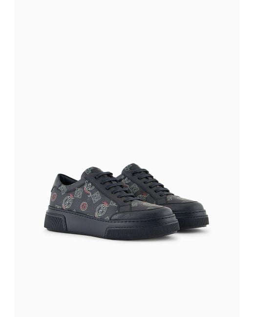 Giorgio Armani Blue Leather Sneakers With All-over Logo for men