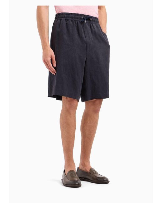 Giorgio Armani Blue Pure Linen Canvas Flat-front Bermuda Shorts for men