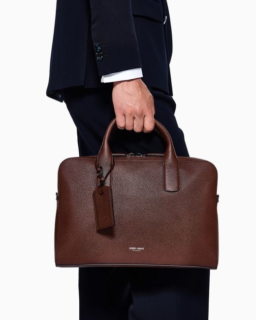 Giorgio Armani Brown Pebbled Leather Briefcase for men