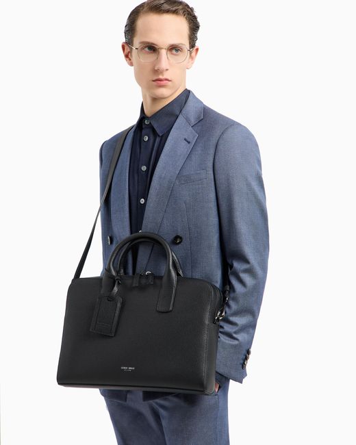 Giorgio Armani Black Pebbled Leather Briefcase for men