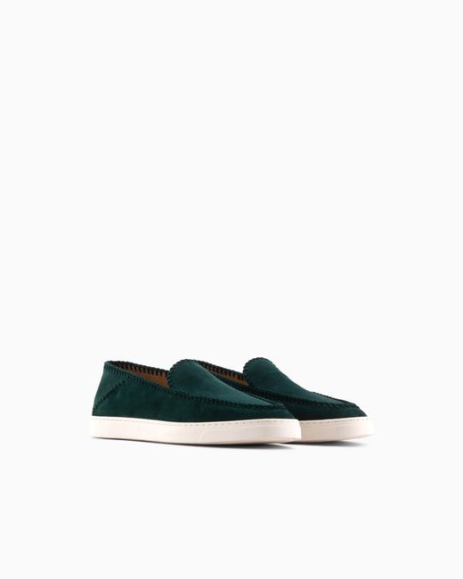 Giorgio Armani Green Suede Slip On With Threading And Rubber Sole for men