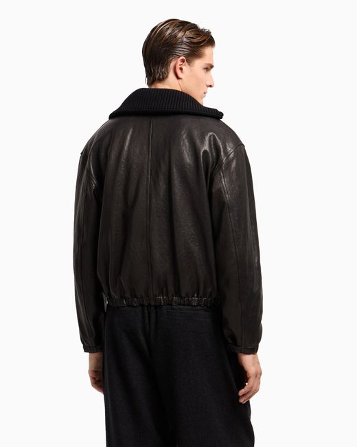 Giorgio Armani Black Nappa Leather Bomber Jacket With Wool Collar for men