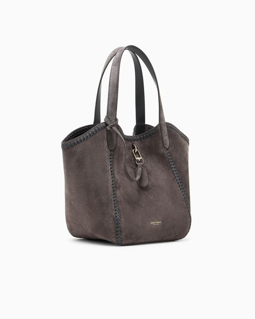 Giorgio Armani Gray Medium Suede Handbag With Threading