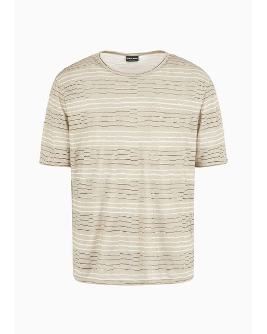 Giorgio Armani White Irregular Striped Print Linen Crew-neck T-shirt for men