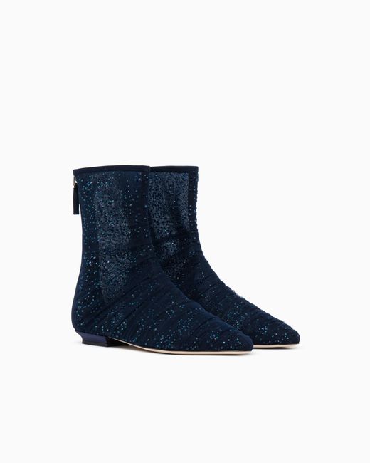 Giorgio Armani Blue Ankle Boots With Tulle And Rhinestones