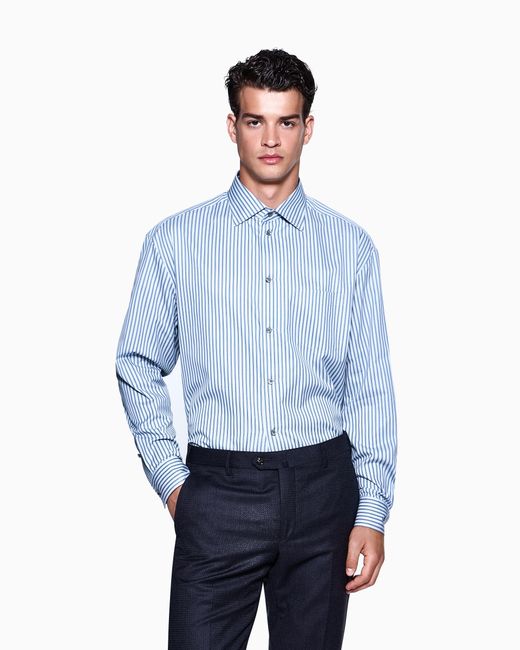 Camisa Regular Fit De Algodón Con Rayas Giorgio Armani de hombre de color Blue
