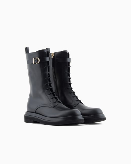 Giorgio Armani Black Smooth Leather Combat Boots